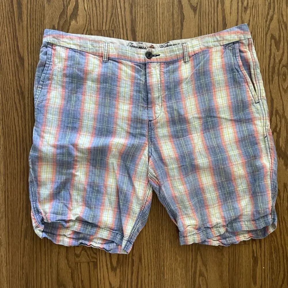 Tommy Bahama Mens Shorts Size 42 Multicolor Plaid Linen Tencel Blend Beach